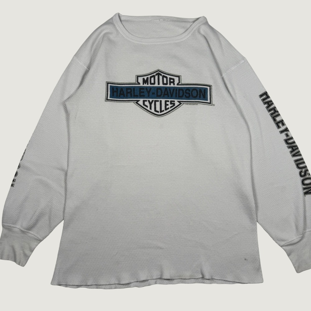 Vintage 1992 Harley Davidson Wausau WI Thermal Shirt Men White Waffle Knit L
